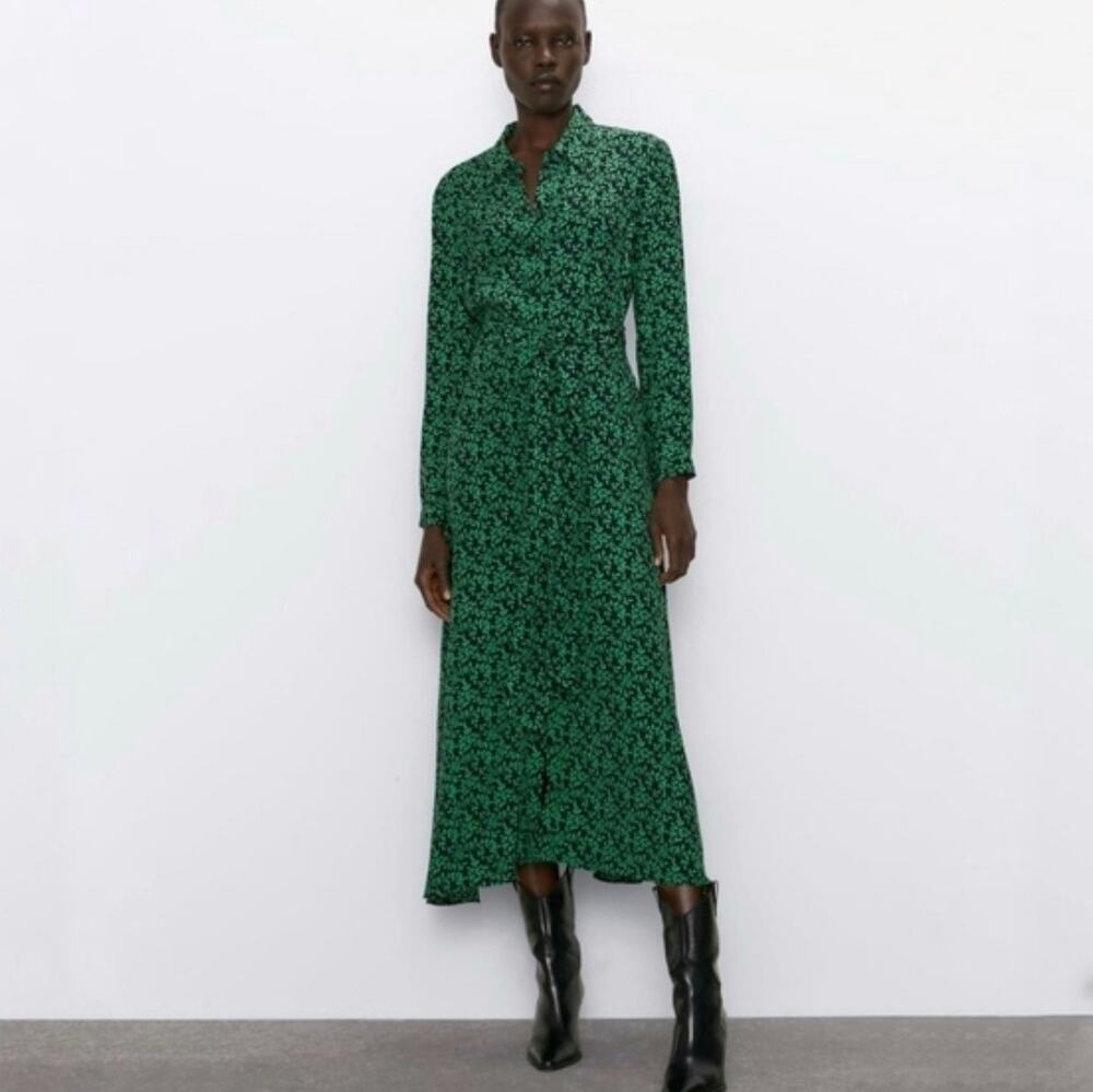 Zara Women's Black Green Leaf Print Button Front Shirt Midi Dress Size XS